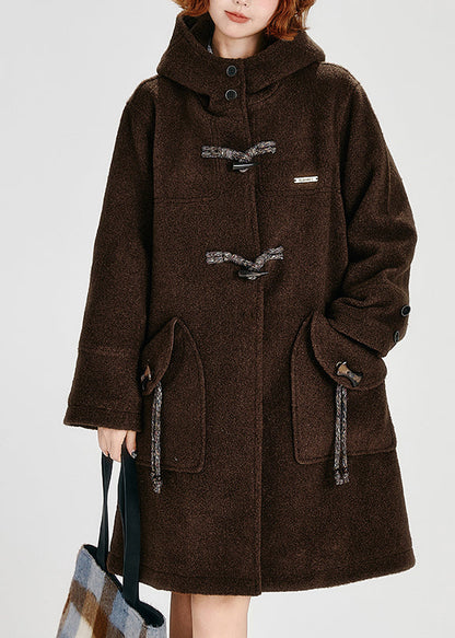 Coffee Pockets Button Woolen Hoodie Coat Winter