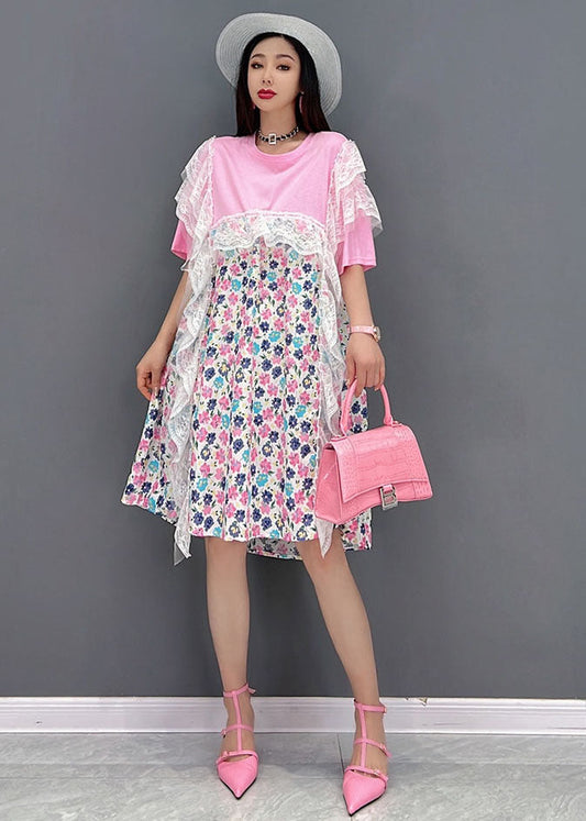 Pink Asymmetrical Print Holiday Dresses Short Sleeve