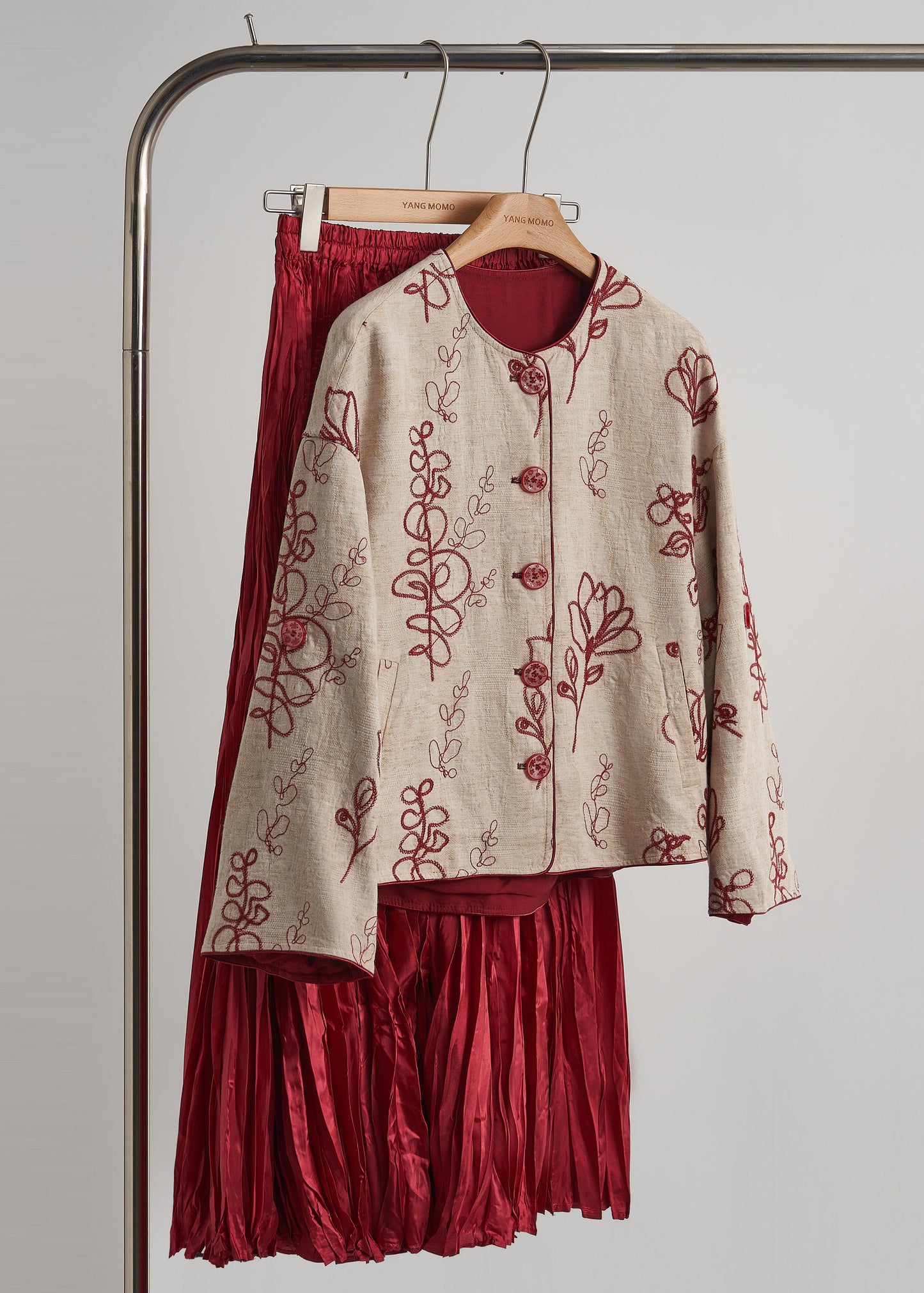 Beige Embroidered Pockets Linen Coats Fall