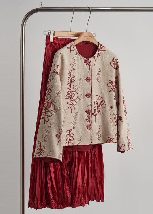 Beige Embroidered Pockets Linen Coats Fall