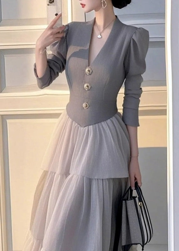 Grey V Neck Patchwork Tulle Long Dress Spring