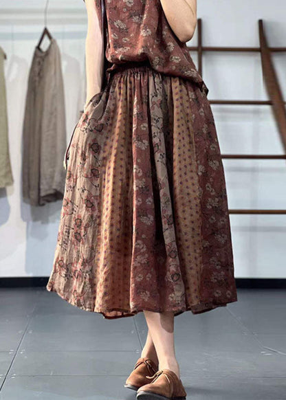 Khaki Peter Pan Collar Print Linen Two Pieces Set Summer