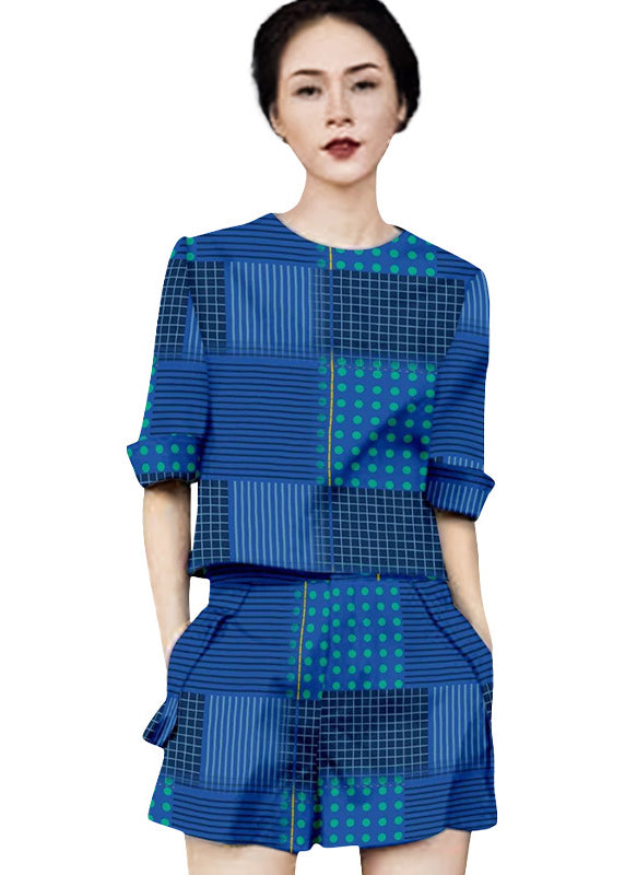 Original Design Blue O-neck Print Cotton Two Piece Set Clothing Summer