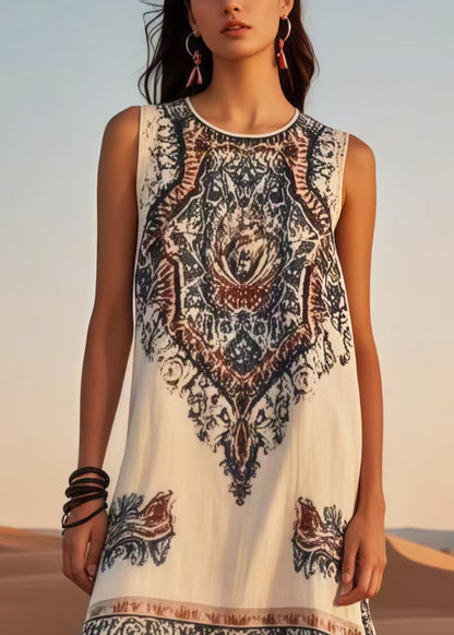Diy White Tasseled Print Cotton Holiday Dress Sleeveless