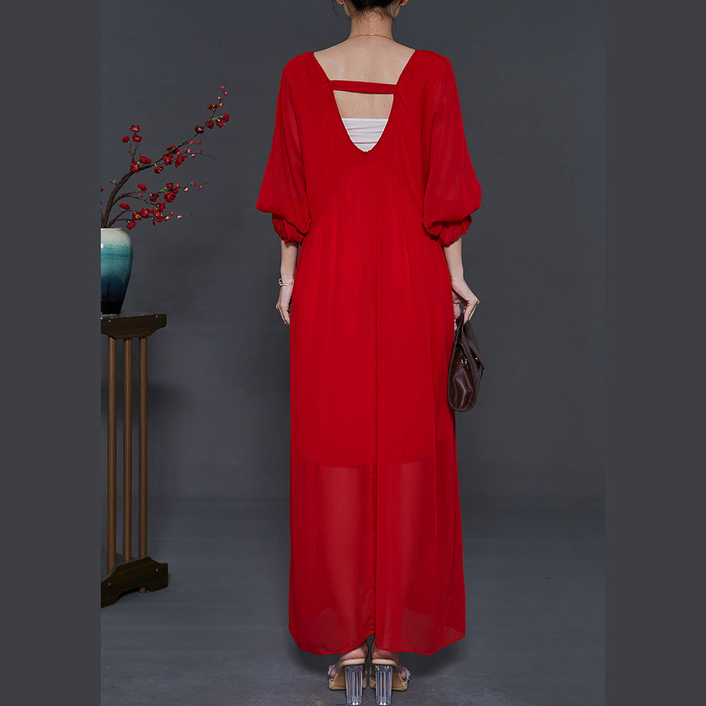 Italian Red Backless Chiffon Vestidos Long Dress Batwing Sleeve