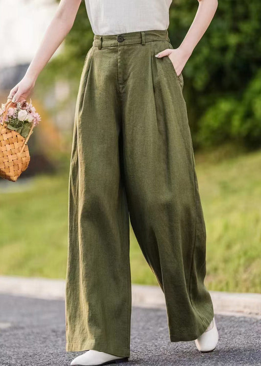Green Pockets Linen Straight Pants Summer