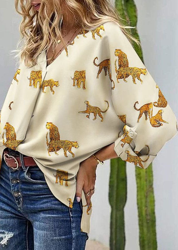 Italian Light Yellow V Neck Animal Print Chiffon Shirt Long Sleeve