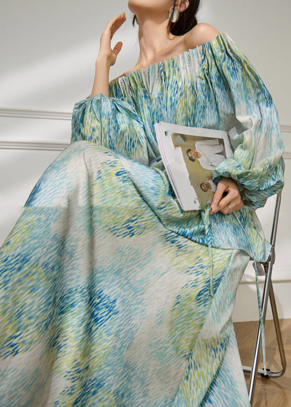 Green Slash Neck Tie Waist Top and Maxi Skirts Spring