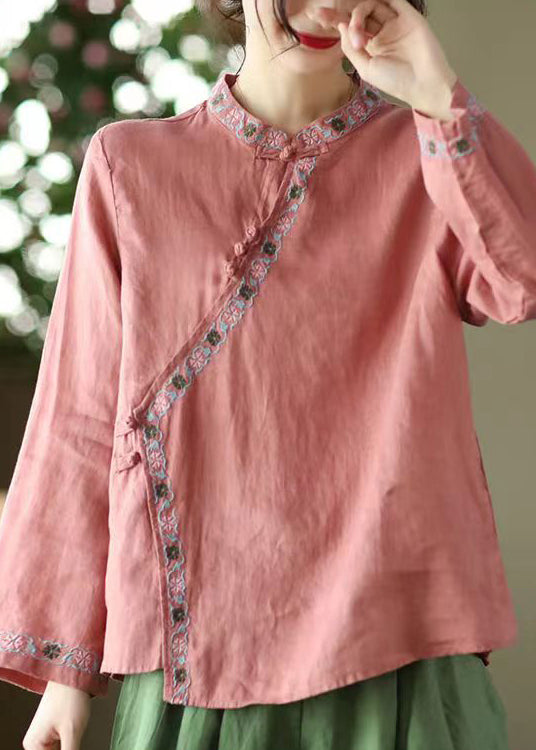 Red Stand Collar Embroideried Linen Shirt Top Long Sleeve