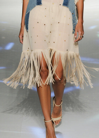 Beige Tasseled Patchwork Chiffon Vacation Dress Summer