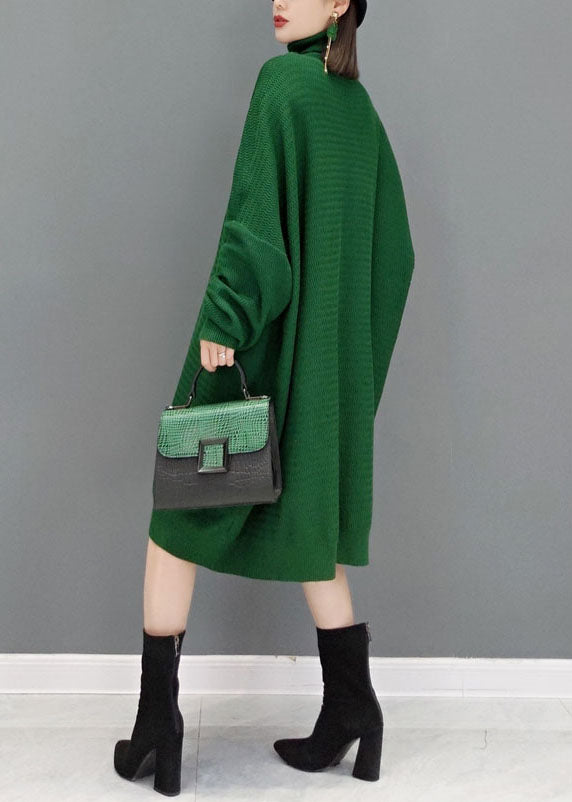 Green Turtleneck Knitted Sweater Dress Fall