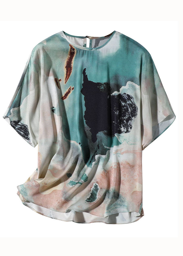 Colorblock O Neck Print Silk T Shirt Top Summer