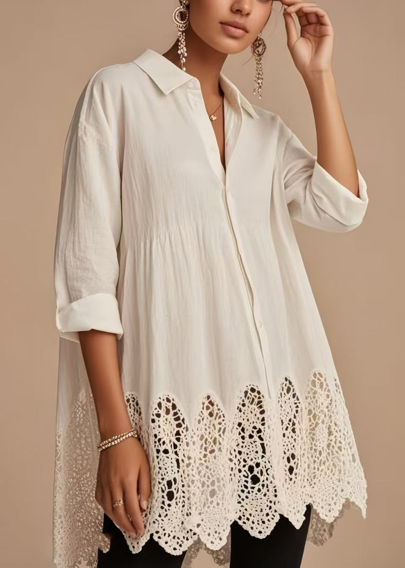 White Oversized Hollow Out Cotton Long Top Spring