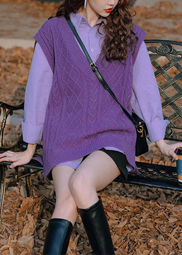 Stylish Purple Knit Vest and Shirts Two Pieces Set Fall