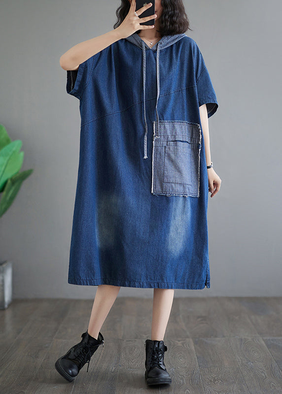 Blue Hooded Patchwork Denim Dress Summer