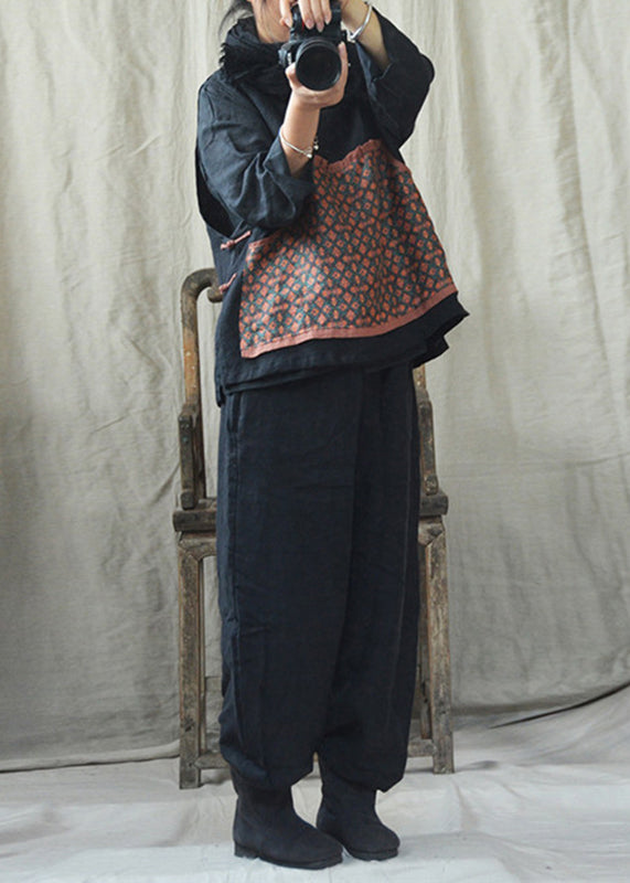 Black O-neck Print Linen Waistcoat and Pants Two Pieces Set Fall