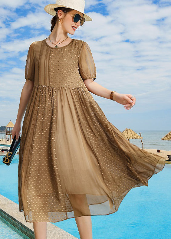 Brown O Neck Wrinkled Patchwork Silk Vacation Dresses Summer