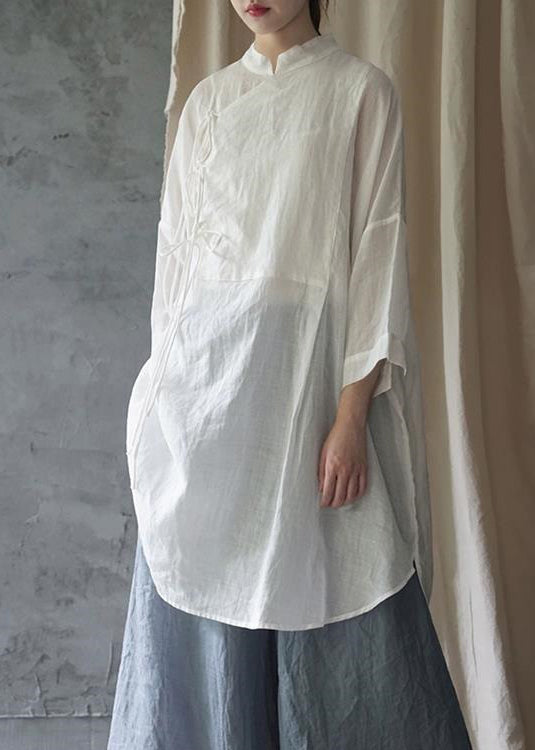 White Stand Collar Lace Up Cotton Shirt Dress Bracelet Sleeve