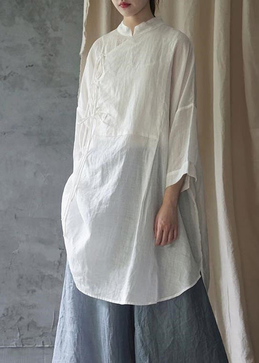 White Stand Collar Lace Up Cotton Shirt Dress Bracelet Sleeve
