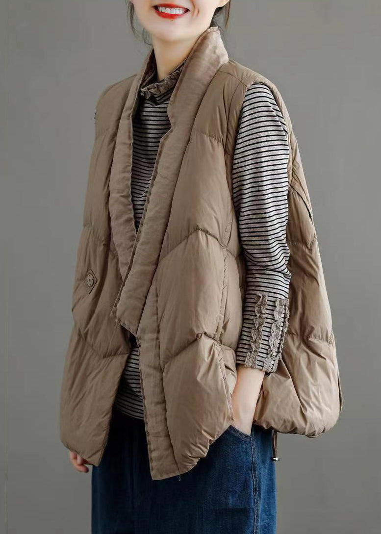 Khaki V Neck Pockets Drawstring Duck Down Waistcoat Sleeveless