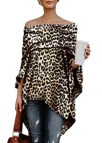 Slash Neck Asymmetrical Design Off the Shoulder Leopard Print Top Summer