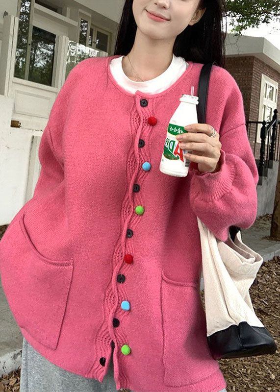 Pink O-neck Button Cotton Knit Sweaters Coats Fall