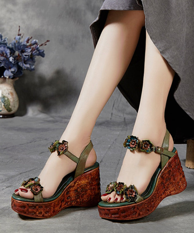 Wedge Sandals Peep Toe Brown Cowhide Leather