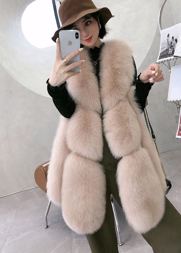 Apricot Fox Collar Patchwork Leather and Fur Waistcoat Winter