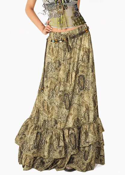Unique Green Ruffled Print Patchwork a Line Skirts