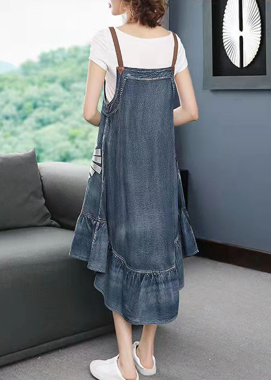 Blue Low High Design Embroideried Spaghetti Strap Party Dress Sleeveless