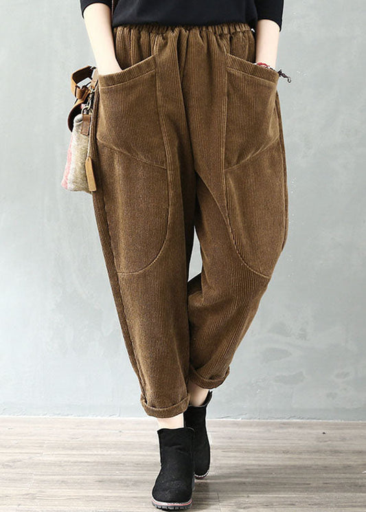 Chocolate Elastic Waist Pockets Velour Harem Pants Fall