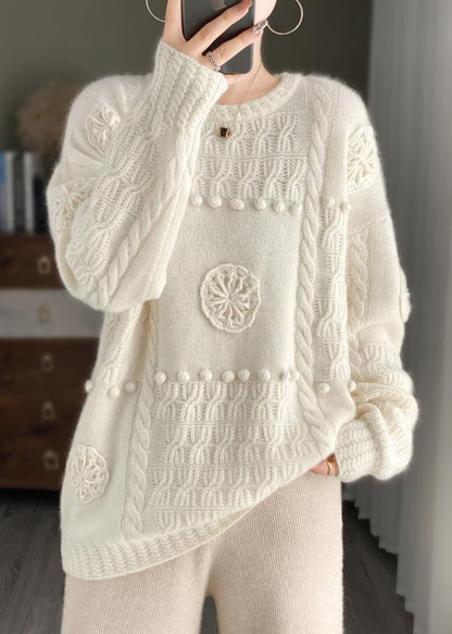White O-neck Cozy Cashmere Knit Sweater Long Sleeve