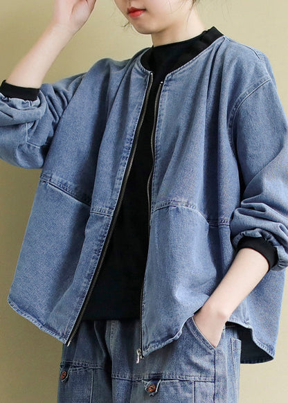 Blue O-neck Patchwork Zippered Denim Coats Spring