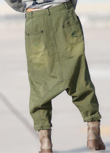 Organic Green Pockets Hole Harem Fall Denim Pants