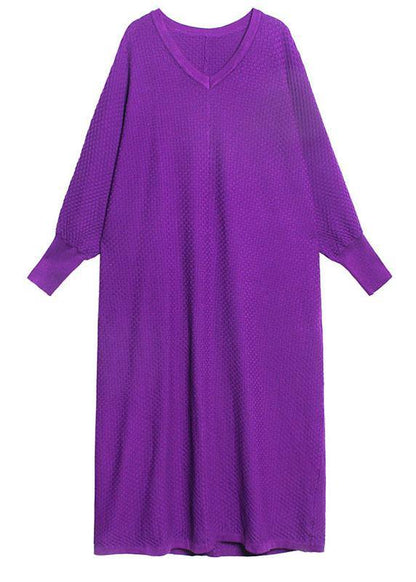 Purple V Neck Loose Fall Vacation Dresses Long Sleeve