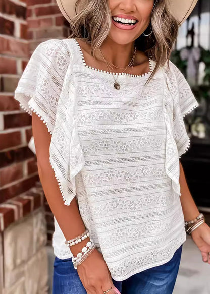 White Square Collar Hollow Out Lace Blouses Summer