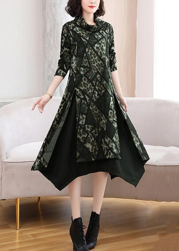 Green Side Open Cotton Dress Turtleneck Long Sleeve