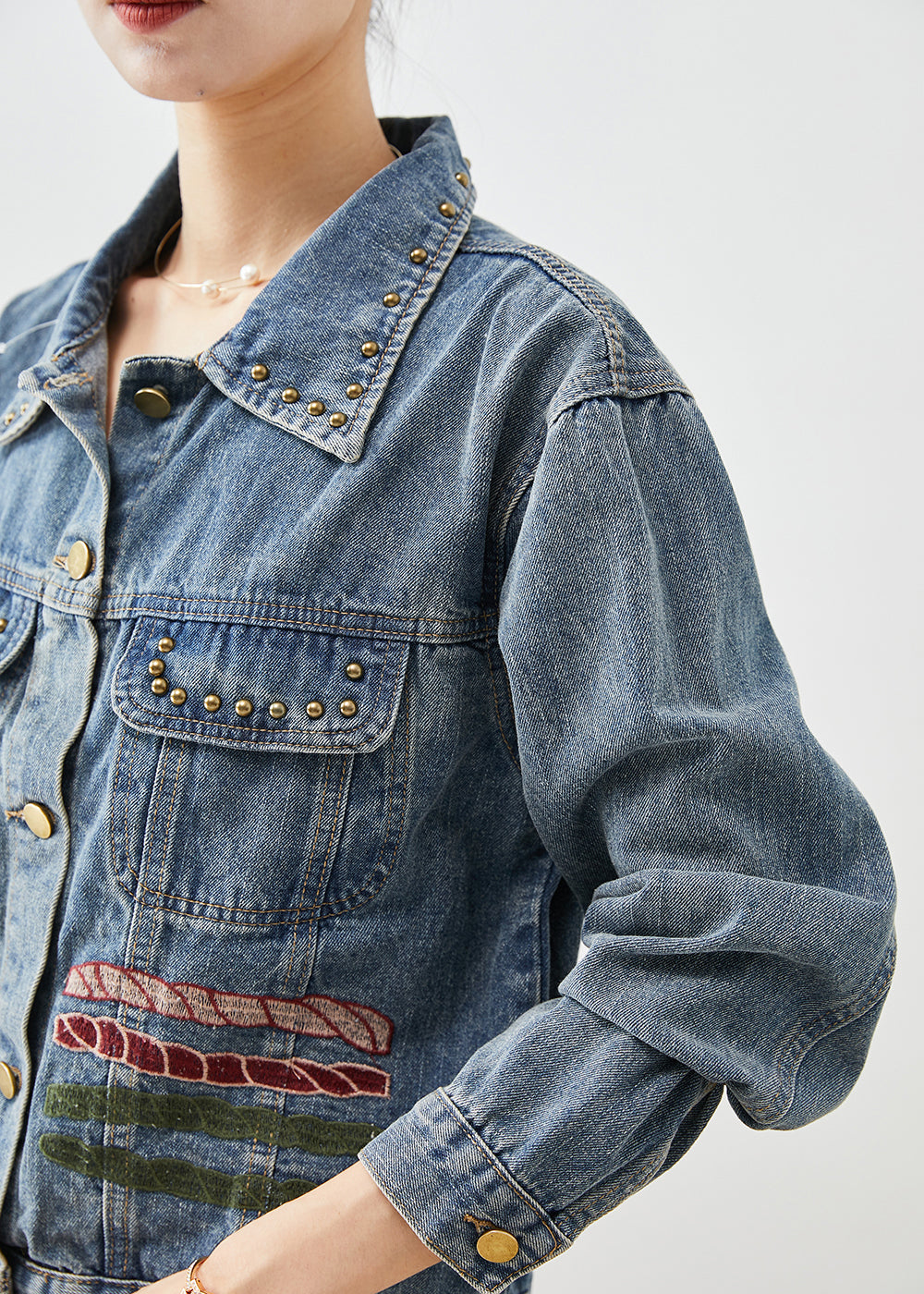 Art Blue Embroideried Print Rivet Denim Two Pieces Set Fall
