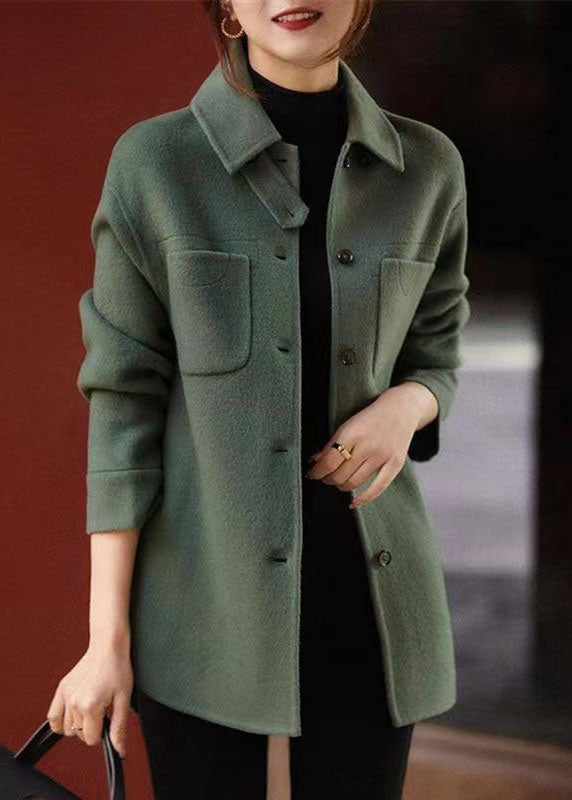 Green Peter Pan Collar Button Pockets Patchwork Woolen Coats Fall
