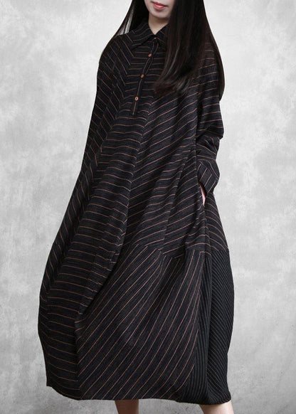 Natural Black Striped Linen Dresses Spring Gown