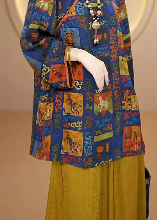 Blue Print Chinese Button Silk Shirt Top Fall