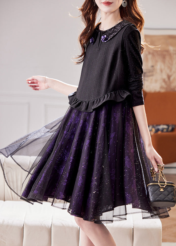 Style Purple Ruffled Jacquard Patchwork Tulle Vest Dresses Spring