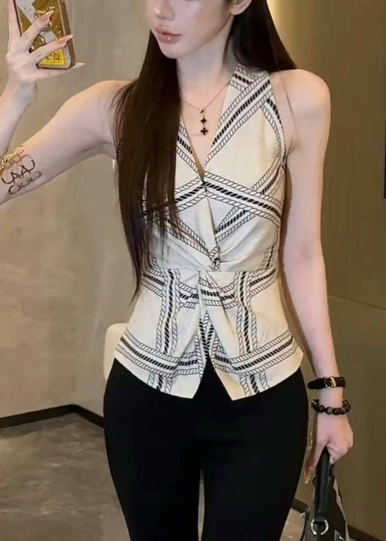 White Print Side Open Silm Fit Halter Vests Summer