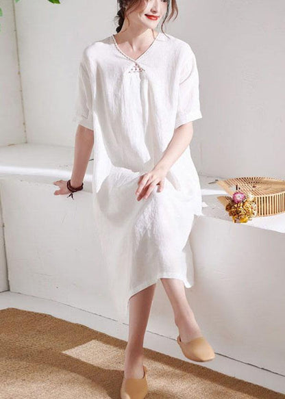 Diy White V Neck Lantern Sleeve Summer Linen Maxi Dress Half Sleeve