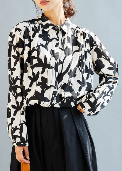Boutique Black White Print Cotton Blouse Top Fall