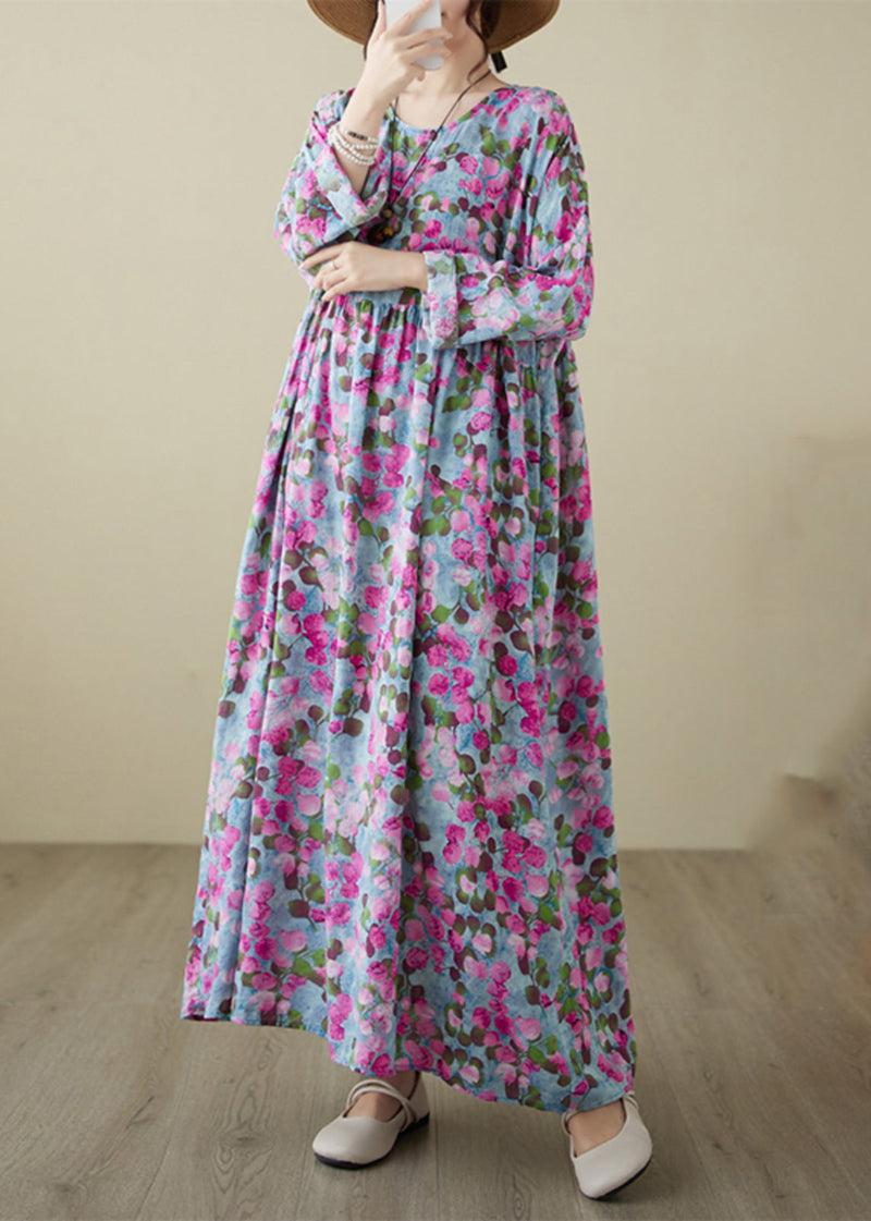 Handmade Rose O-neck Print Wrinkled Long Dresses Spring