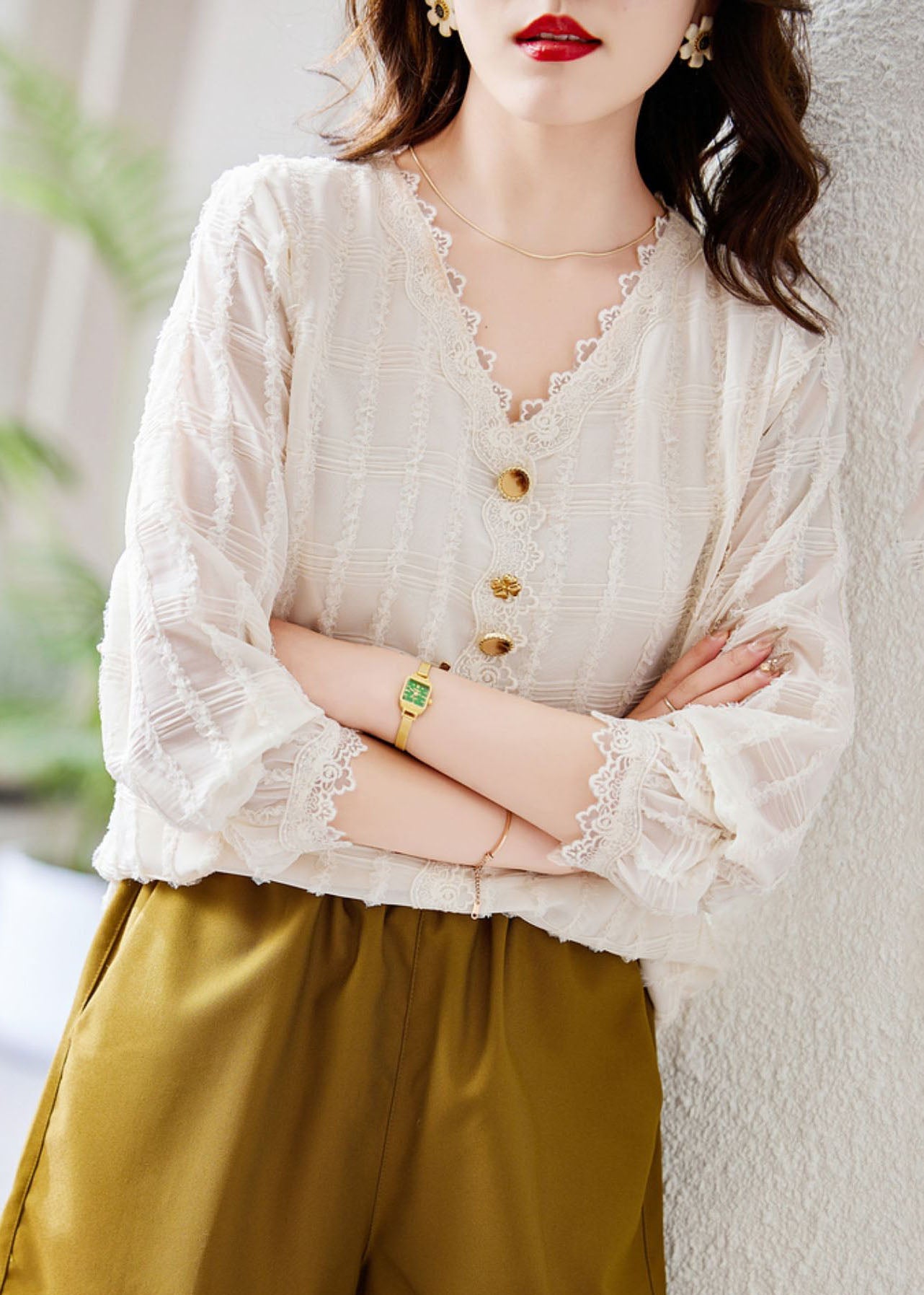 White V Neck Lace Patchwork Button Chiffon Shirt Fall