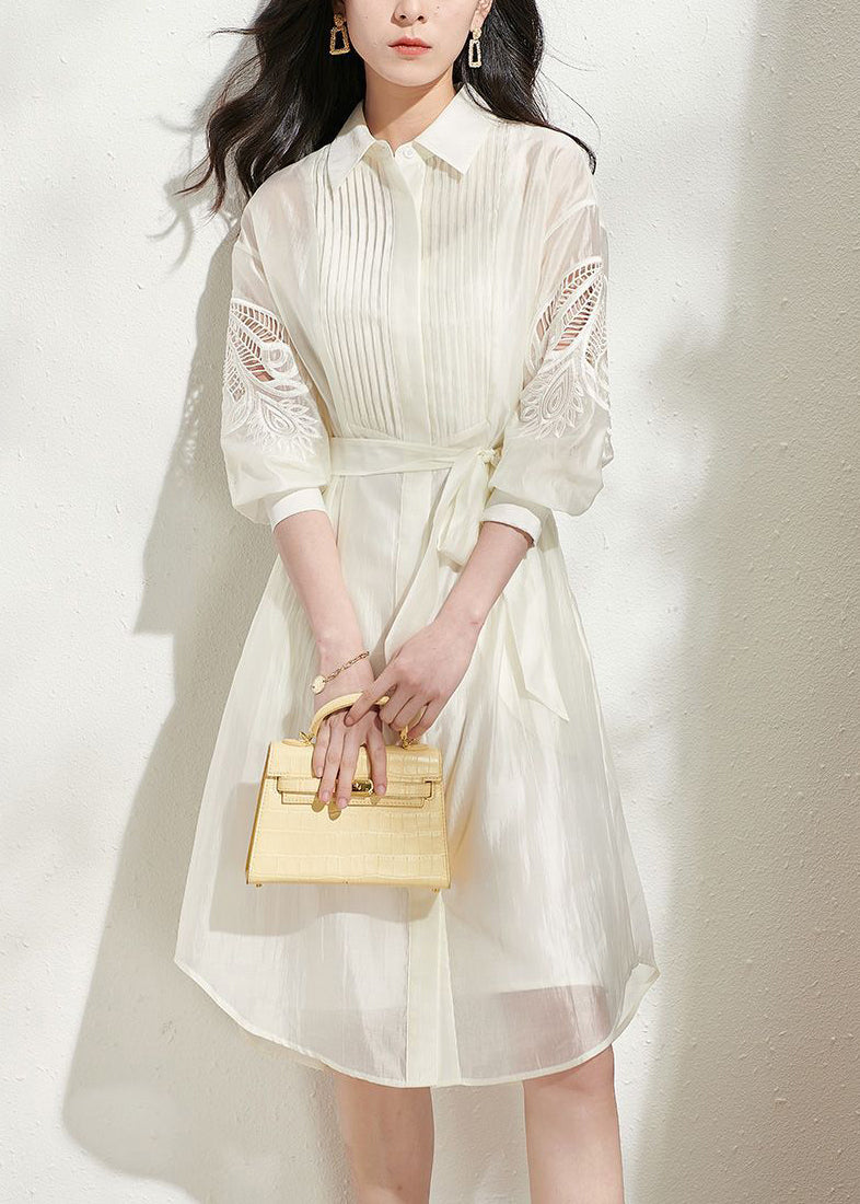Loose Beige Hollow Out Tie Waist Shirts Dress and Spaghetti Strap Dress Silk Two Piece Set Fall