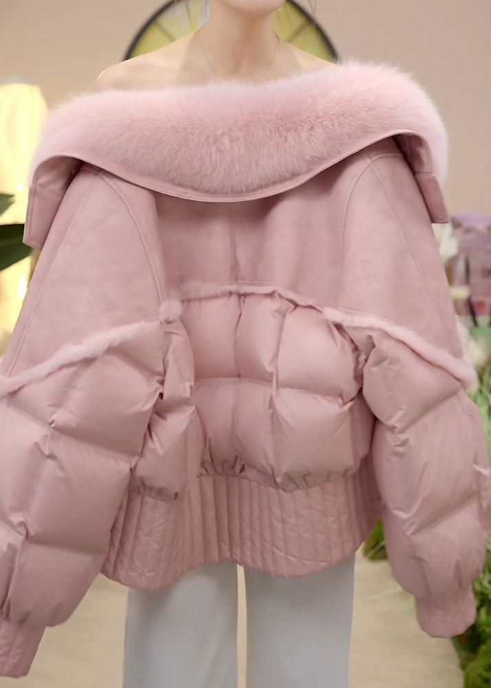 Pink Fur Collar Button Patchwork Duck Down Puffer Jacket Winter