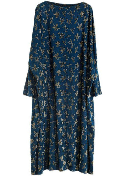 Handmade Blue Print Long Sleeve Fall Dress